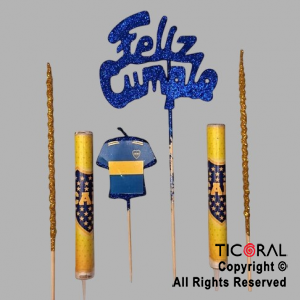 ADORNO DE TORTA SET ESCUDO BOCA JUNIORS VELA CAMISETA 2 VELAS Y 2 BENGALAS x 1